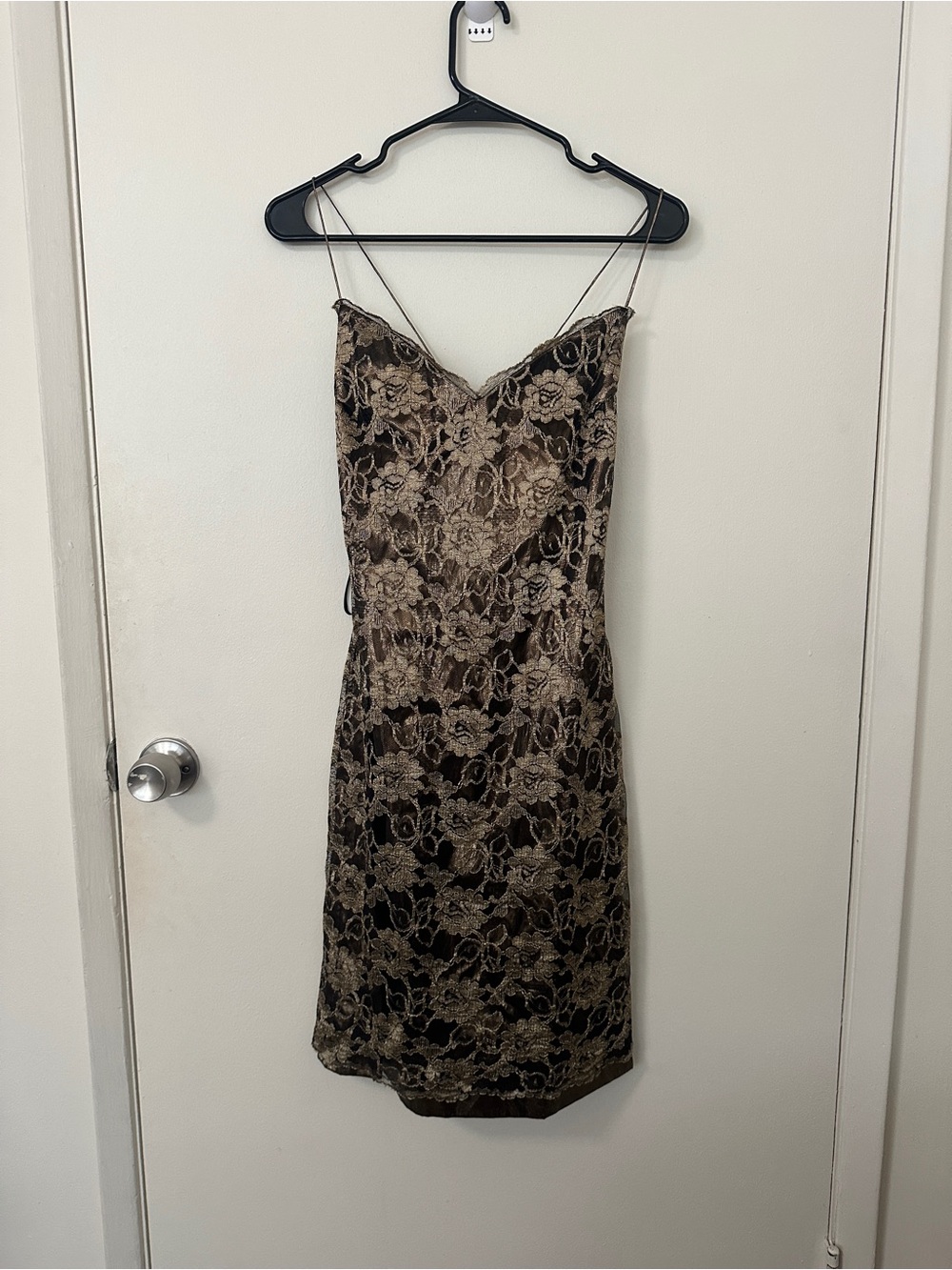 Women's Vintage Black and Gold Lace Slip Dress